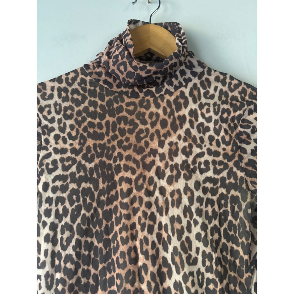 Ganni Leopard Print Mesh Mock Neck Long Sleeve‎ Top Size 38 or Size 6 US - Picture 12 of 13